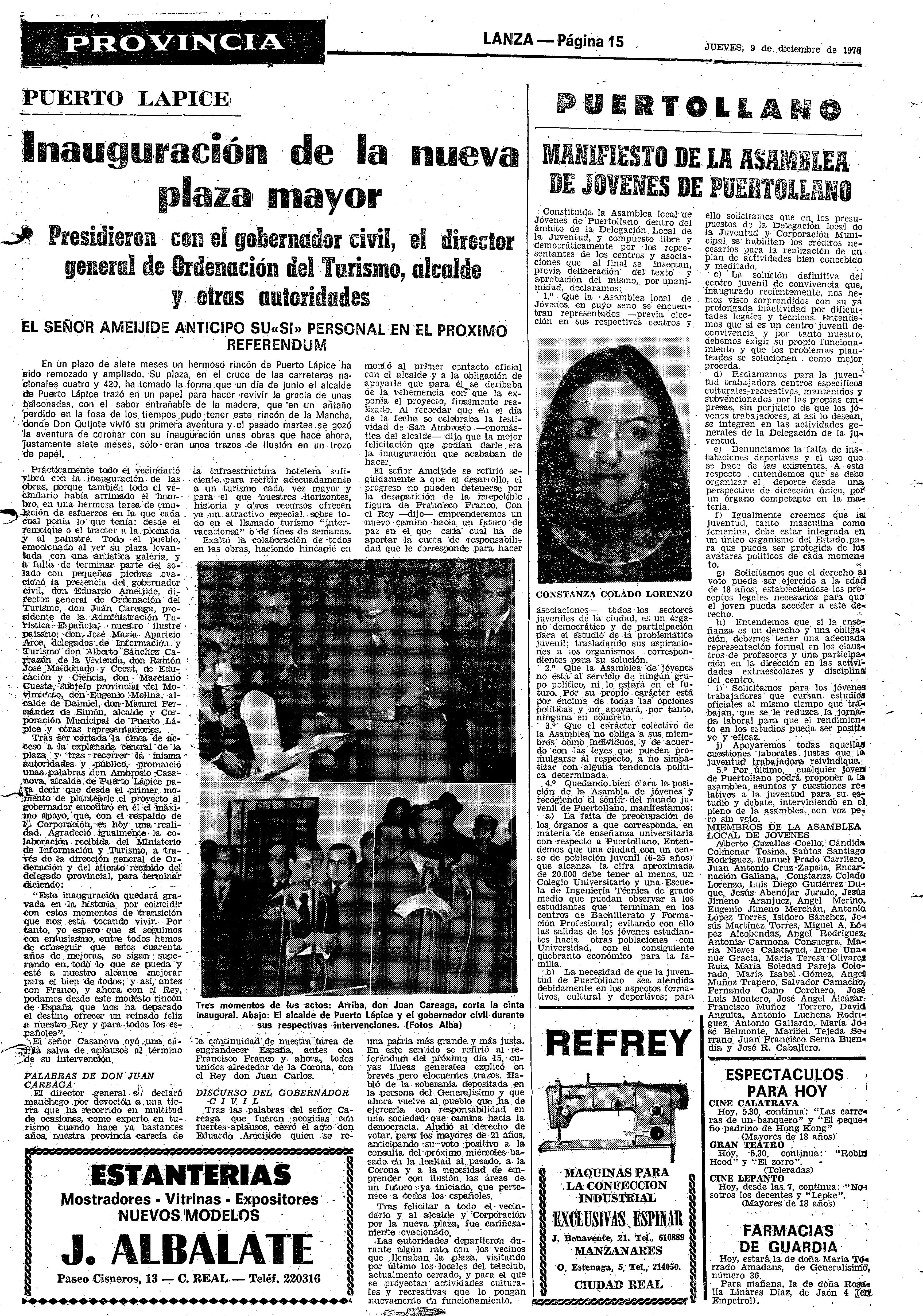 Recorte del Diario Lanza sobre la plaza en 1976